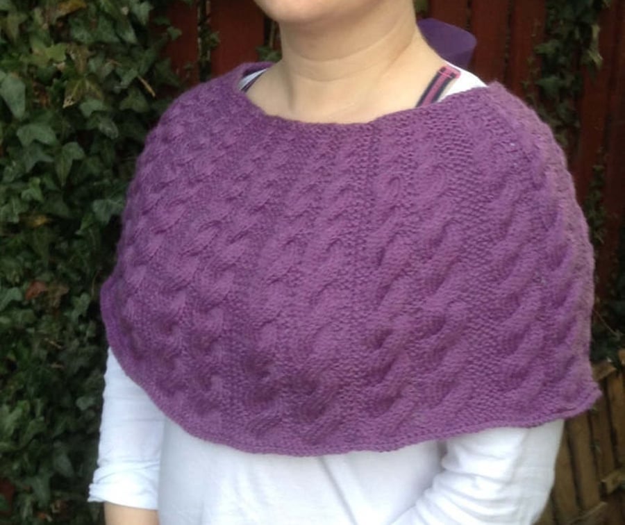 Purple caplet poncho, aran style, hand knitted