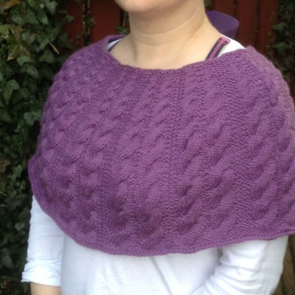 Purple caplet poncho, aran style, hand knitted