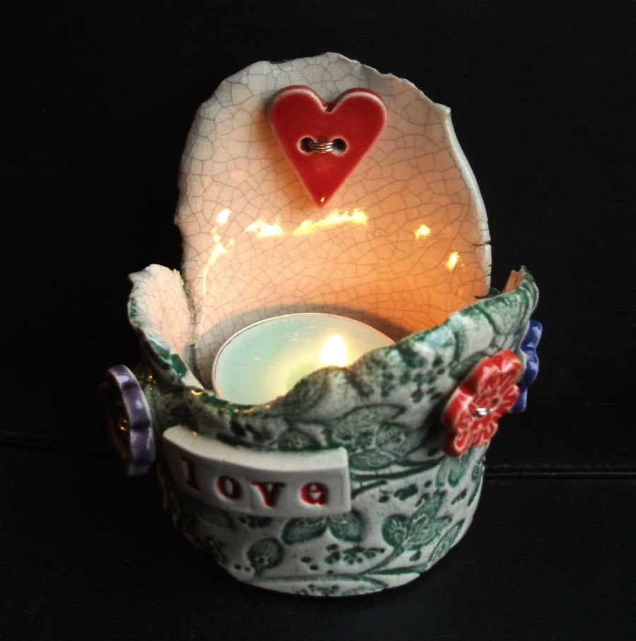 Love ceramic tea light holder with heart and flower buttons