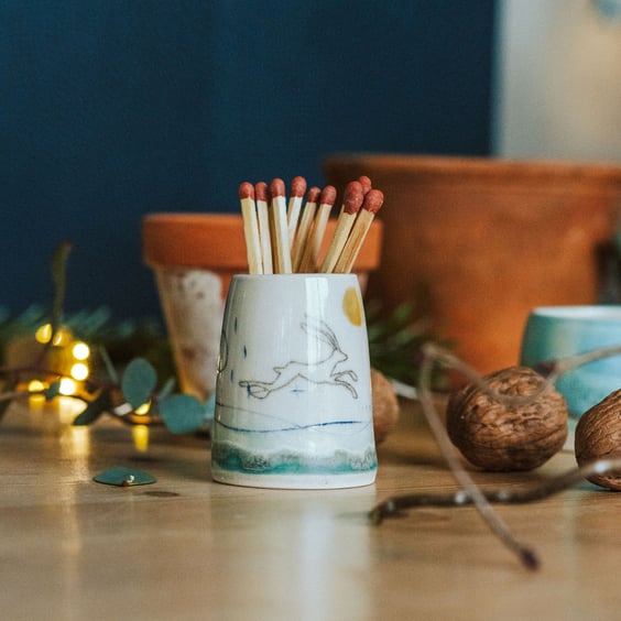 Ceramic handmade striker pot - complete with match sticks - Hare design