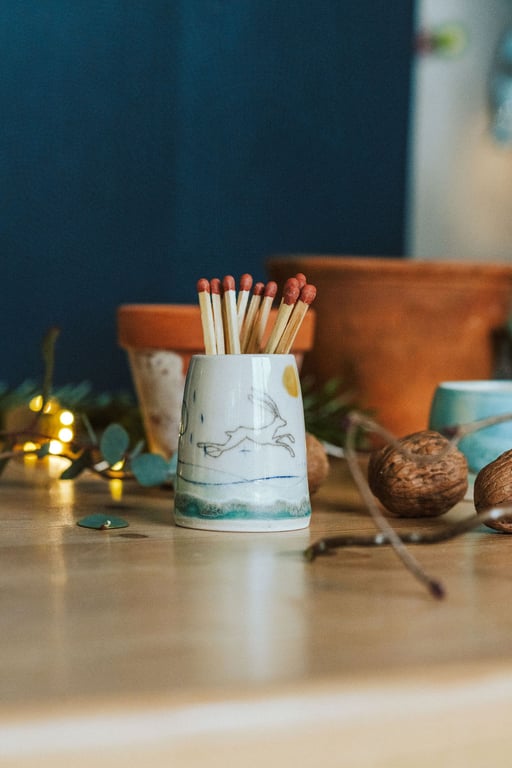 Ceramic handmade striker pot - complete with match sticks - Hare design