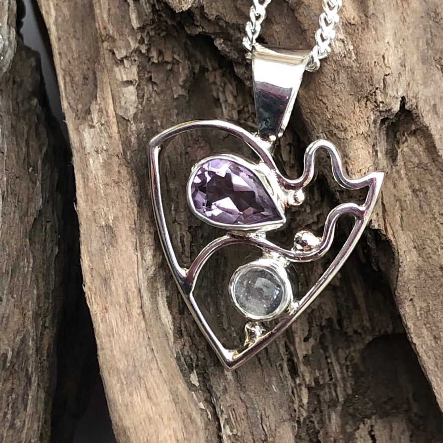 Silver wave pendant with moonstone and amethyst -00001842