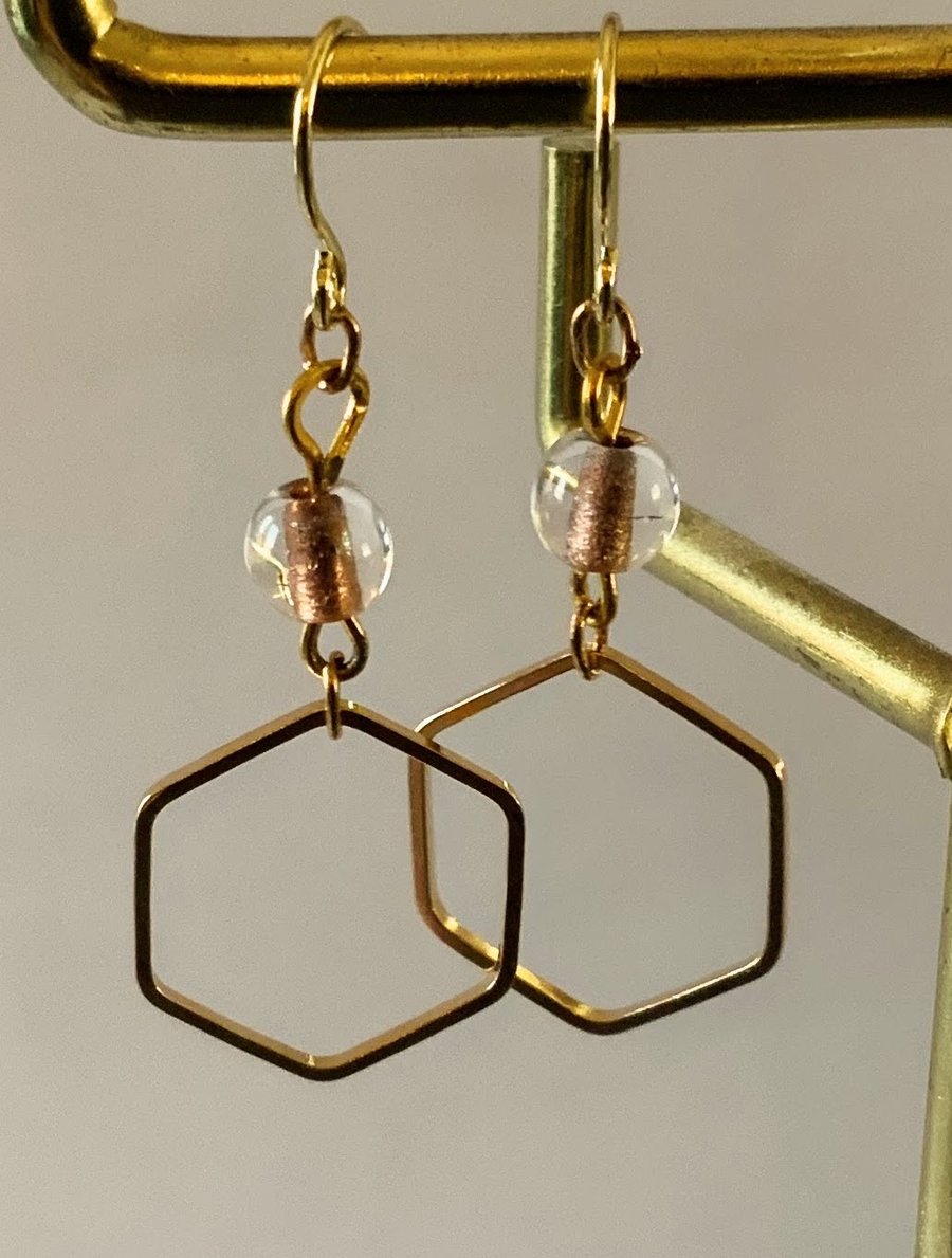 Gold Metal Hexagon Earrings