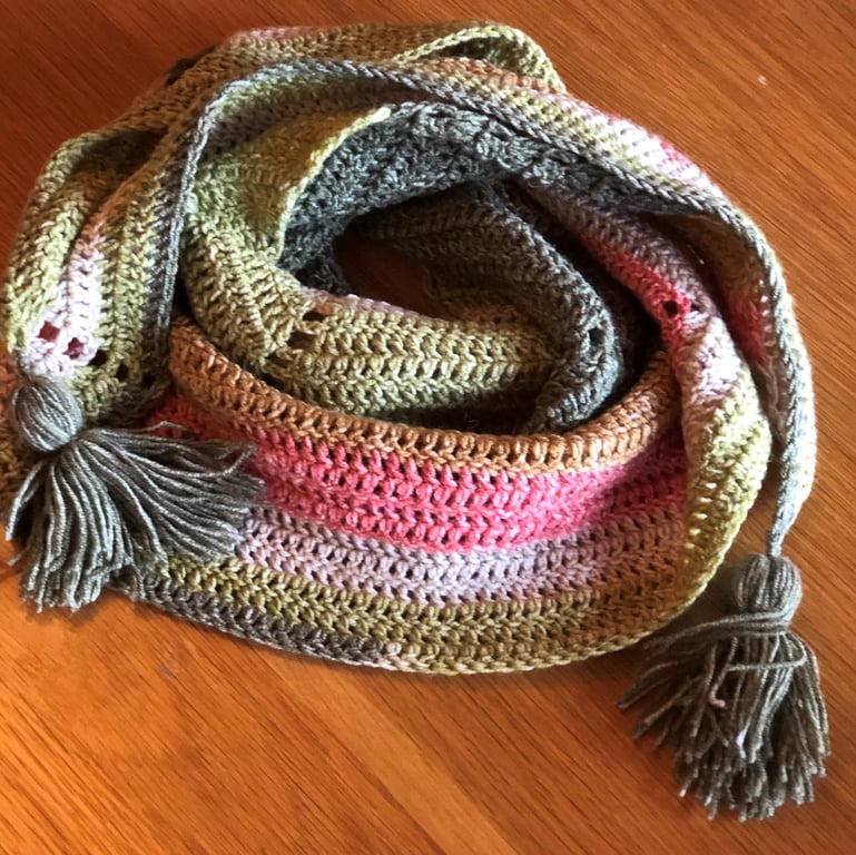 Crochet Scarf  Shawl Green, Pink and Cream