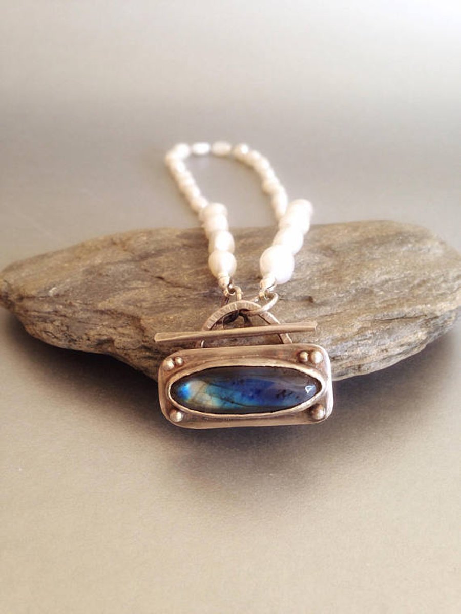 Pearl Necklace with Labradorite Toggle Clasp - Artisan Necklace (RESERVED)