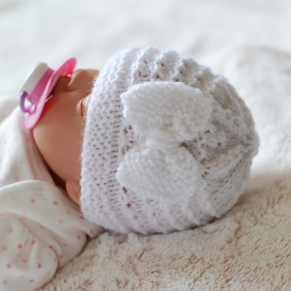 White Prem, Early Baby Reborns Knitted Bow Hat