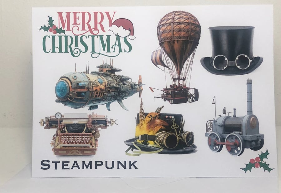 Steampunk - Merry Christmas or Seasons Greetings 5x7in Card