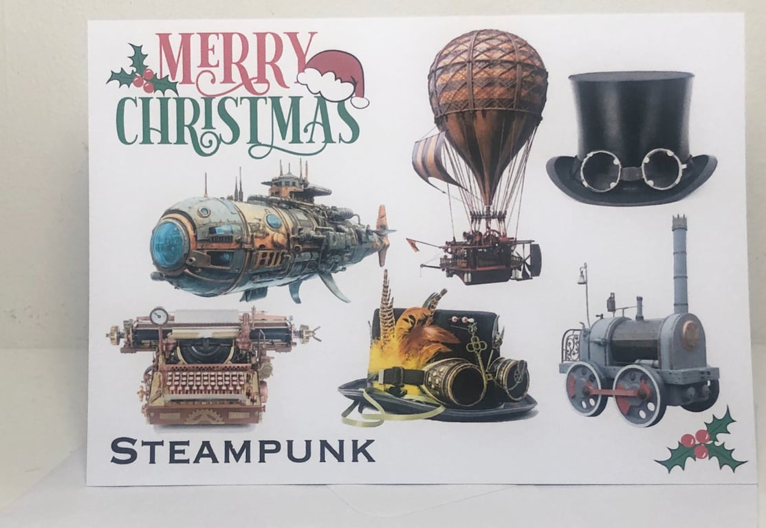 Steampunk - Merry Christmas or Seasons Greetings 5x7in Card