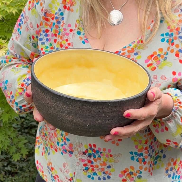 Stoneware Fruit Bowl with glossy glazed yellow interior