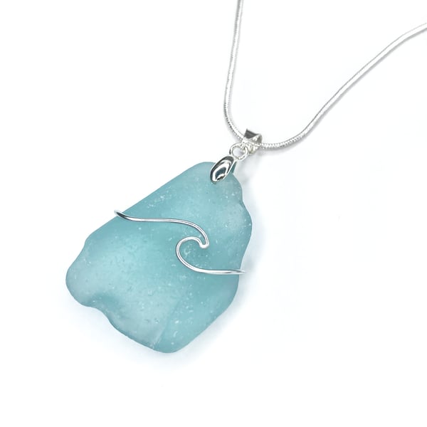 Sea Glass Pendant - Turquoise Beach Glass - Handmade Wave Necklace Jewellery
