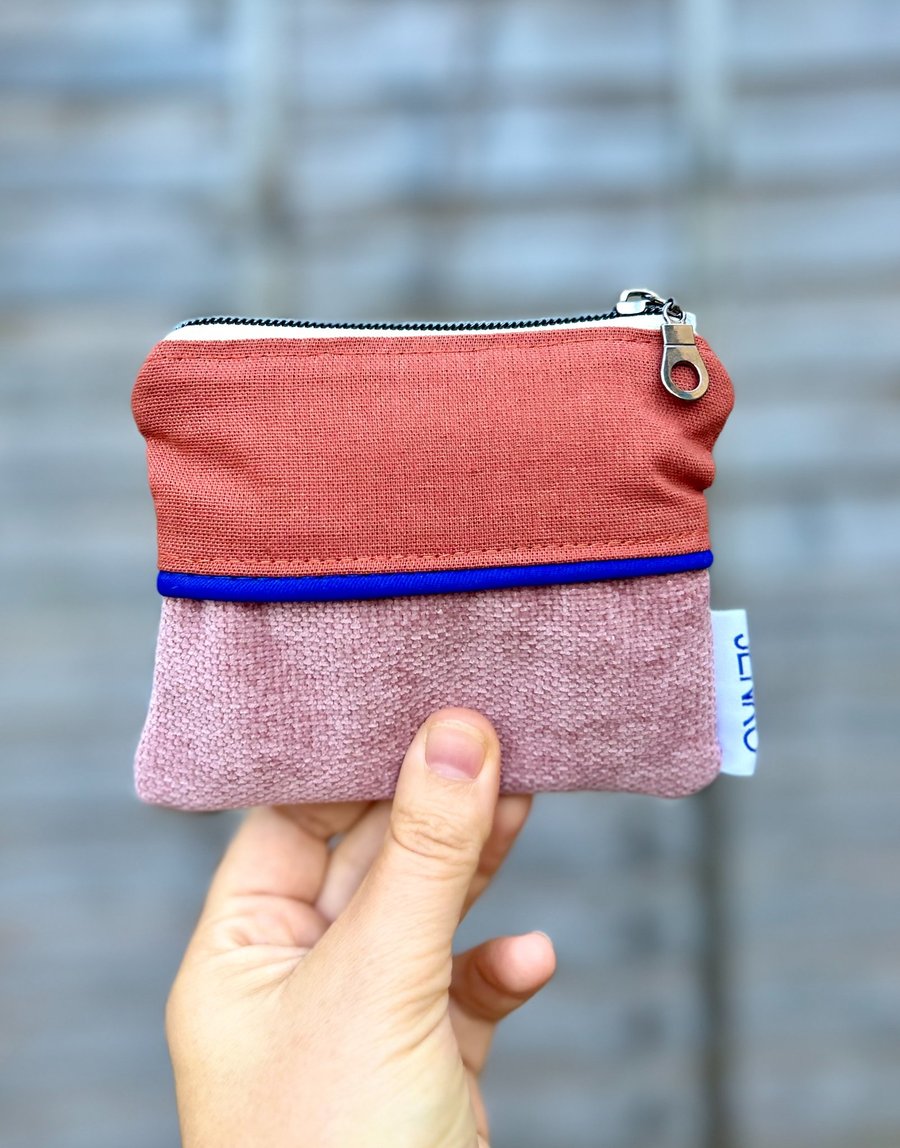 Handmade Small Fabric Pink and Terracotta Purse Pouch  - Clay and Colbalt