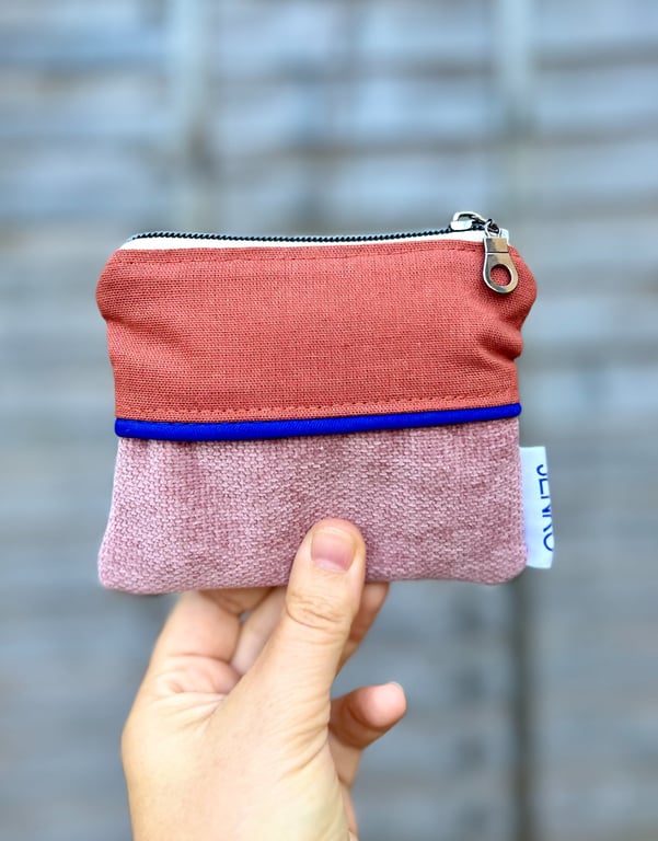Handmade Small Fabric Pink and Terracotta Purse Pouch  - Clay and Colbalt