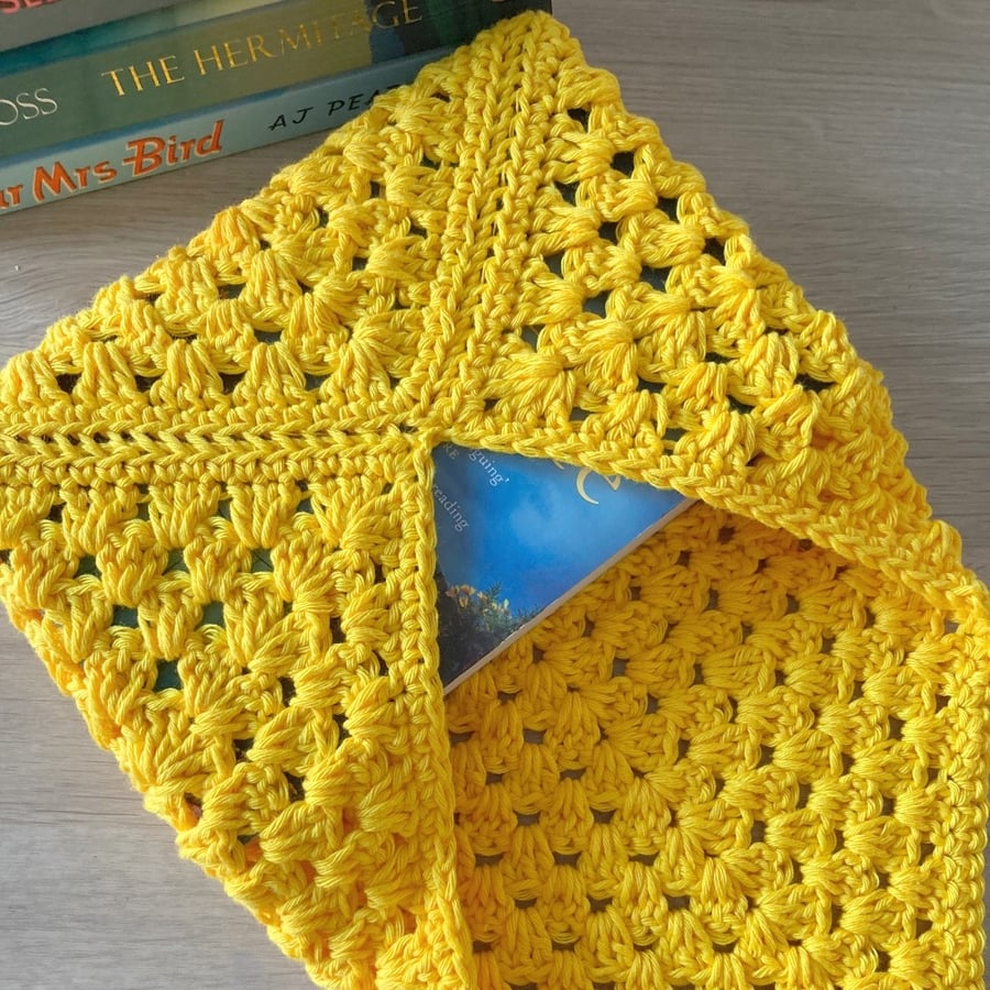Granny Square Book Sleeve - Book Wrap -  Bright Yellow Crocheted Book Sleeve