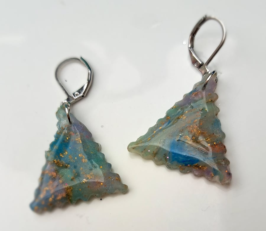 Triangle shaped gold and rainbow earrings