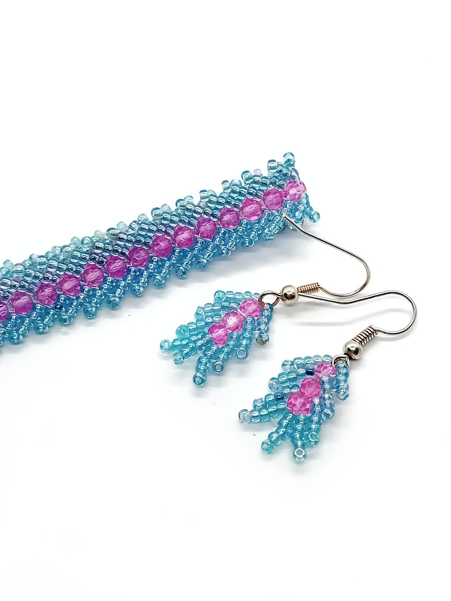 Blue and pink gem St Petersburg weave beaded bracelet and earrings set