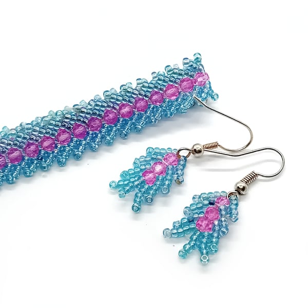 Blue and pink gem St Petersburg weave beaded bracelet and earrings set