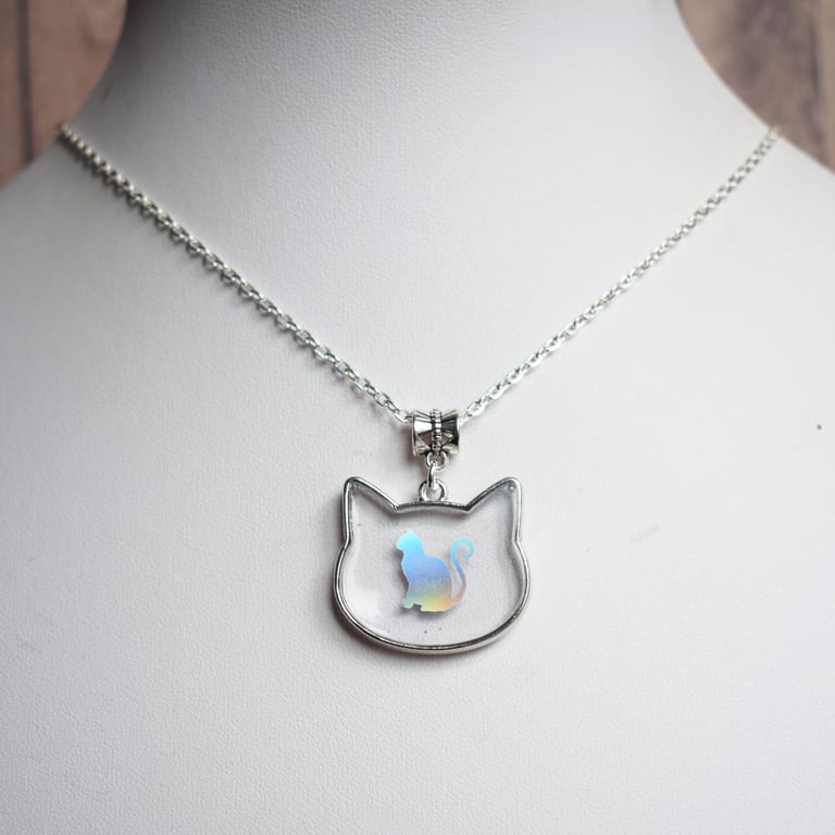 Holographic Cat Pendant Necklace, Cat Lover Gift