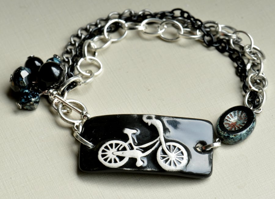 Black Handmade Ceramic Bicycle Bar with Chain & Bead Bracelet