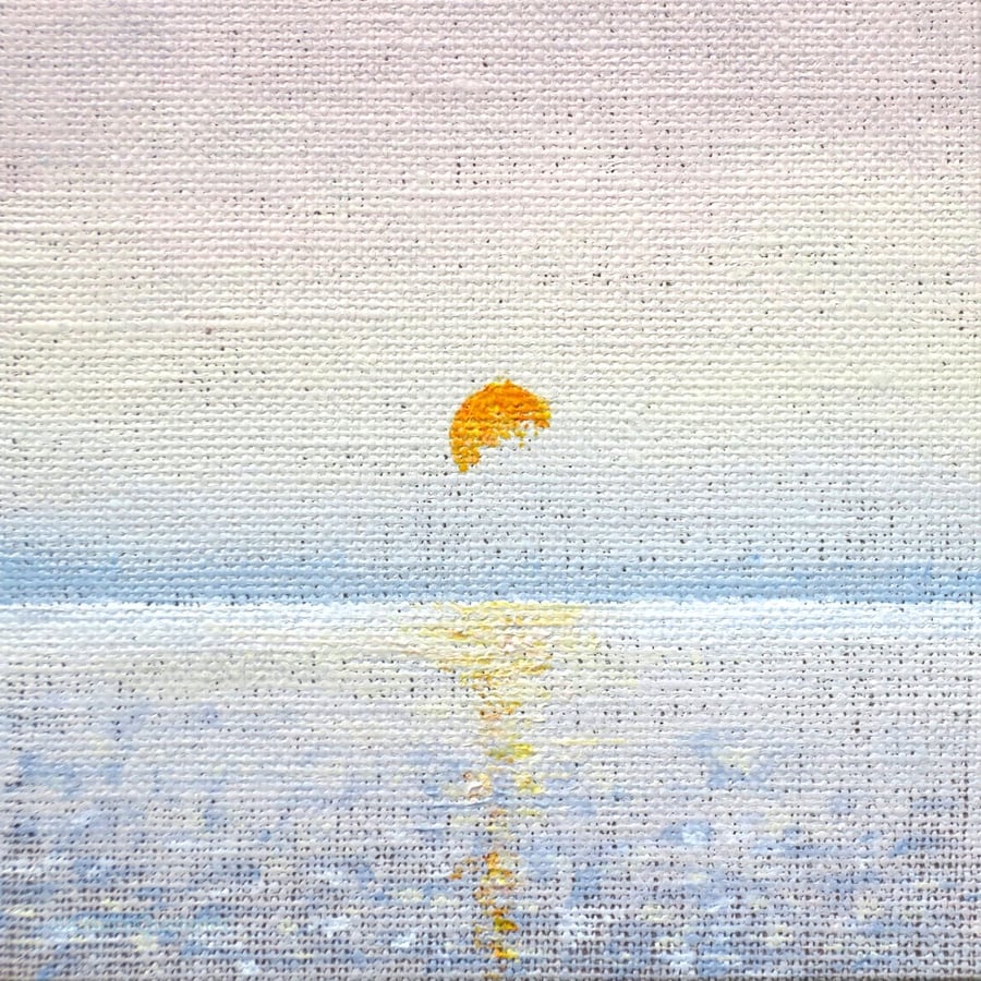 Miniature original art sun set over a hazy sea coastal shelf art gallery wall