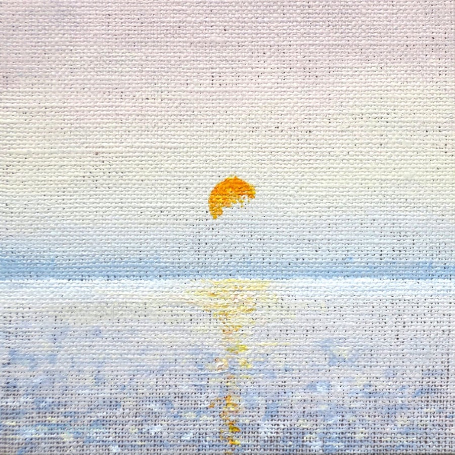 Miniature original art sun set over a hazy sea coastal shelf art gallery wall