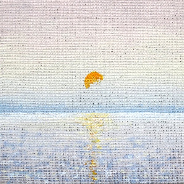 Miniature original art sun set over a hazy sea coastal shelf art gallery wall