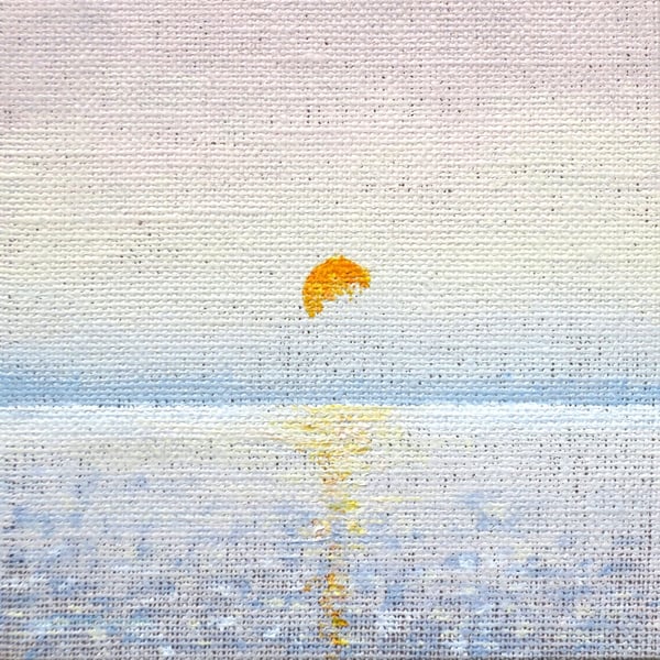 Miniature original art sun set over a hazy sea coastal shelf art gallery wall