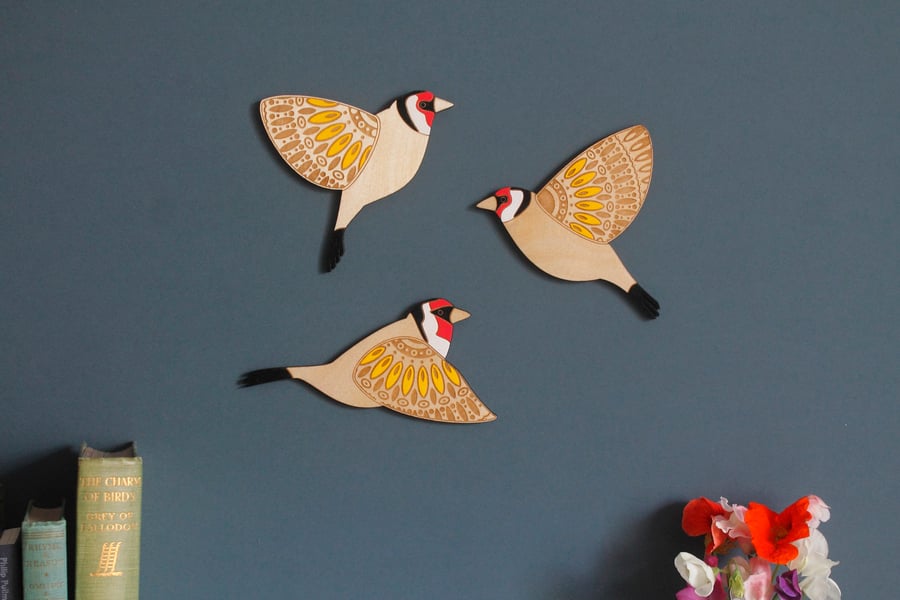 Folk Art Inspired Flying Wooden Goldfinches - Wall decor Hangings