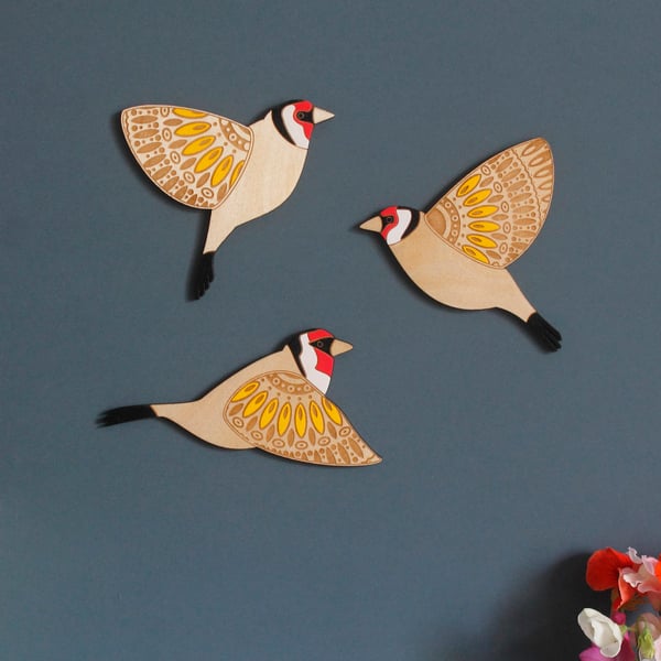 Folk Art Inspired Flying Wooden Goldfinches - Wall decor Hangings