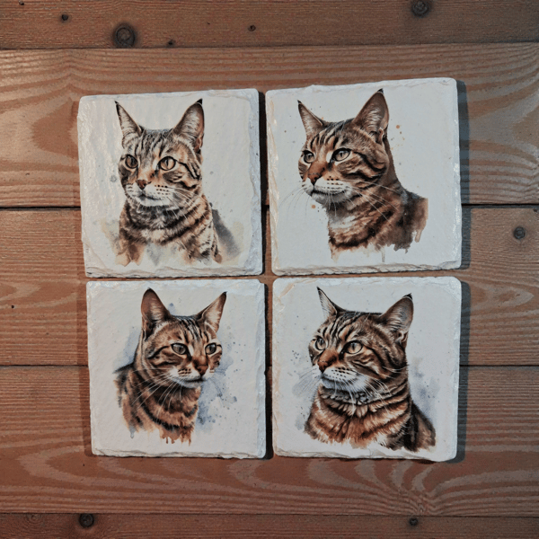 Tabby Cat Decoupaged Slate Coasters Set of 4