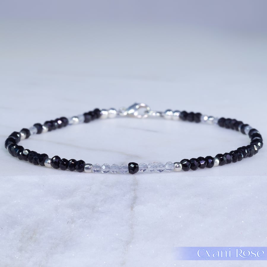 Black Spinel Sterling silver &  Rose Quartz dainty handmade beaded bracelet