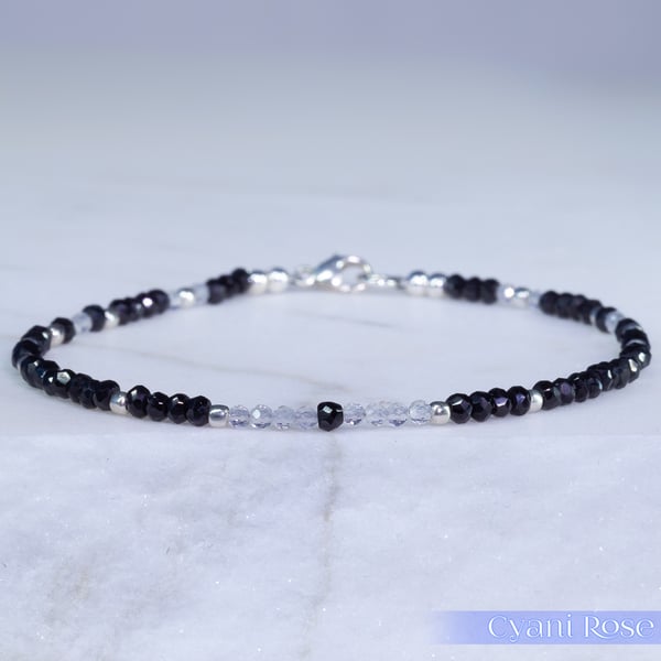 Black Spinel Sterling silver &  Rose Quartz dainty handmade beaded bracelet