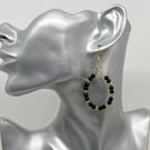 Oval Hoop Earrings Black Glass Gold-Tone Filigree Pierced Ears Hand Made