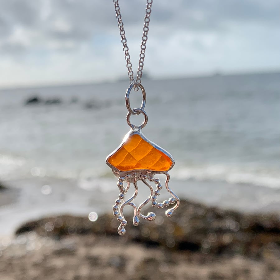 Rare Orange Textured Sea Glass and Sterling Silver Jelly Fish Pendant Necklace