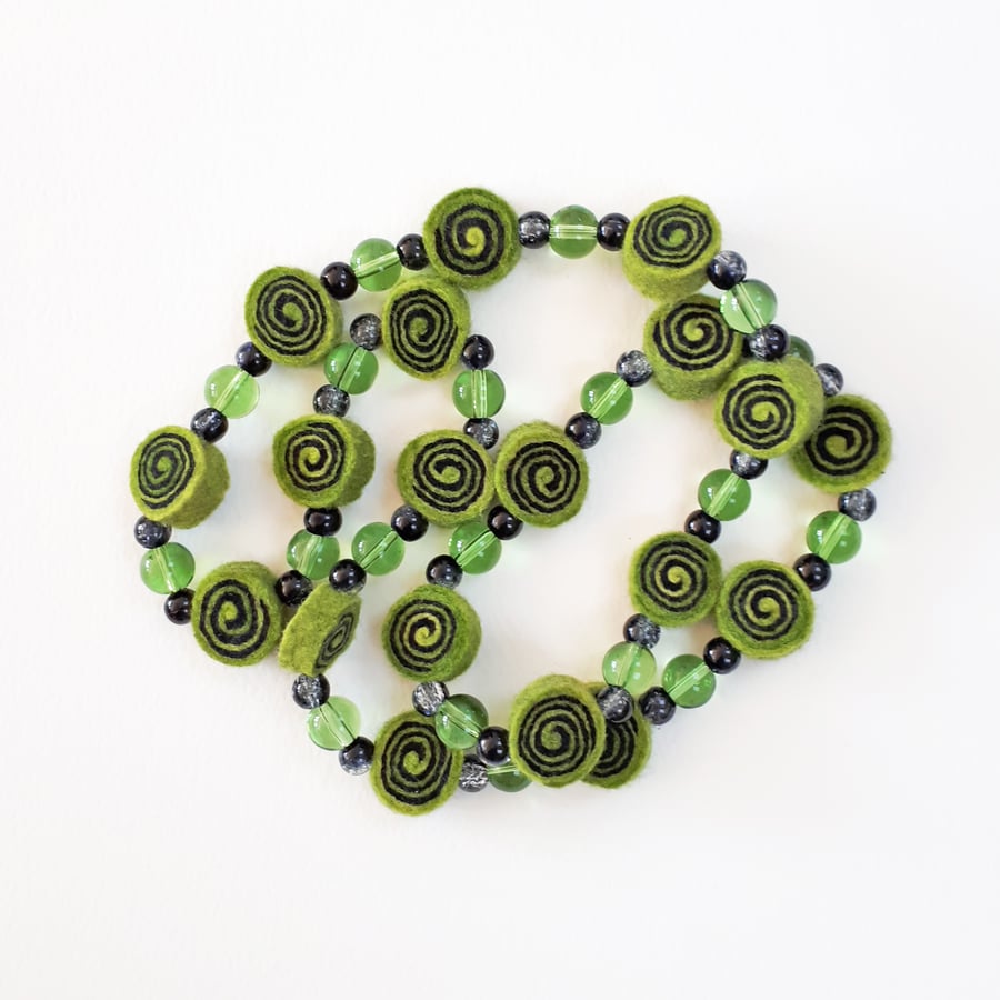 Green & Black Felt Necklace with Smoke & Green Glass Beads