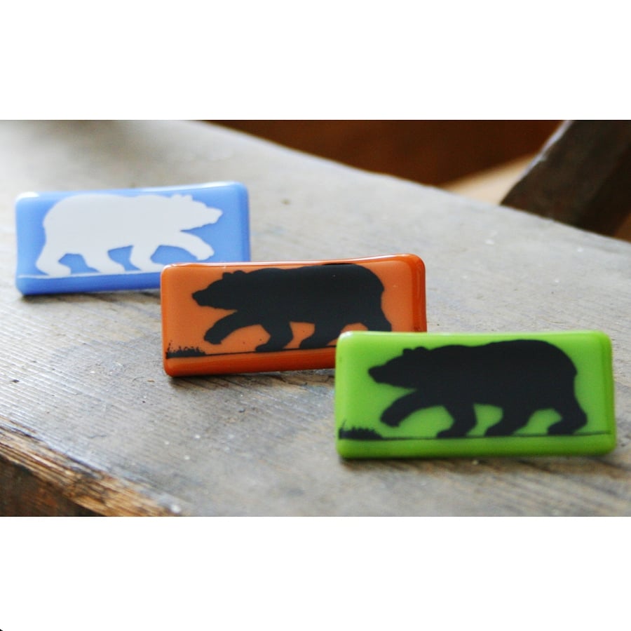 Black Bear Brooch in Fused Glass with Screen Printed Kiln Fired Enamel