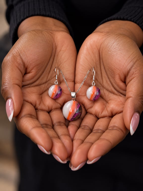 Coral and White Fused Glass Drop Hook Earrings and Pendant Set