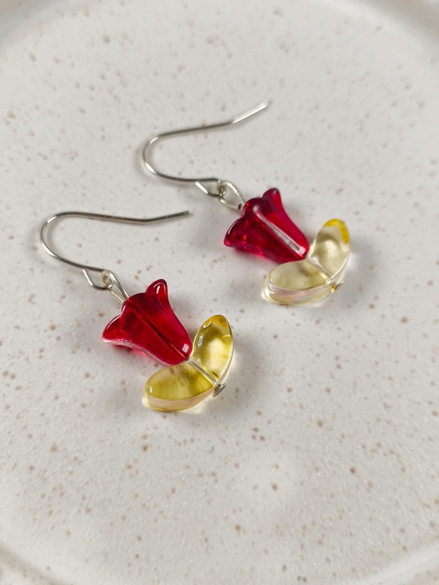 Pretty Red and Yellow Glass Flower Earrings
