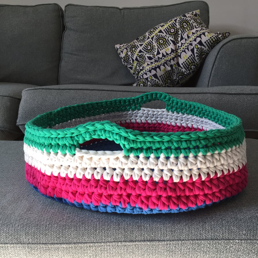 Crochet cat basket made with upcycled tshirt yarn
