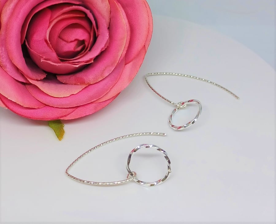Sterling Silver Twisted Hoop Sparkly Earrings, Silver Drop Earrings, Silver Ring