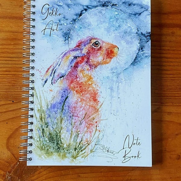 Moon Gazing Hare Notebook, Notepad, A5 Size, Spiral bound, Wildlife Art Notebook