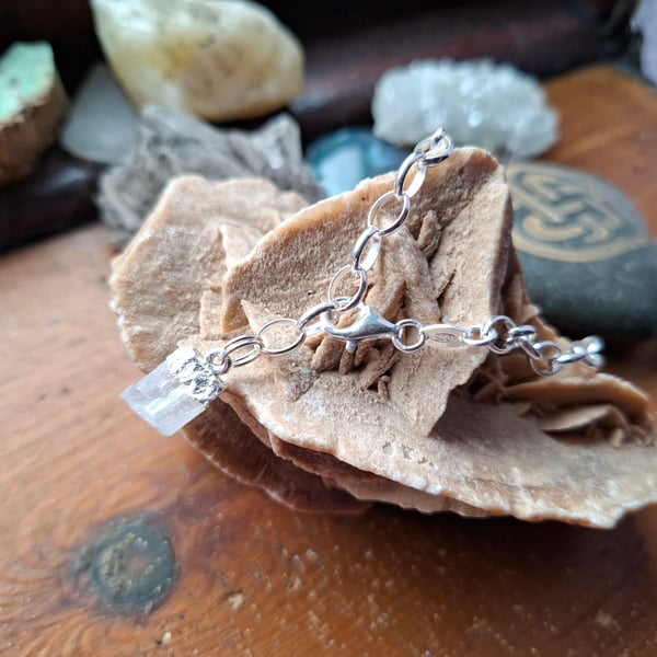Raw Rainbow Moonstone Crystal and Sterling Silver Bracelet - June Birthstone