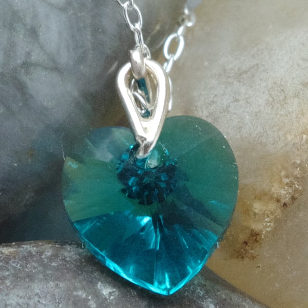 Teal Green Austrian Crystal Heart Pendant In Sterling Silver