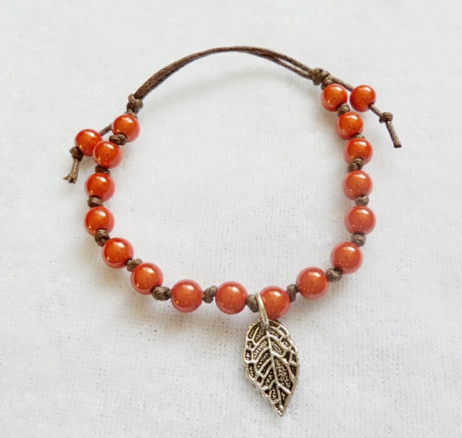 Orange Knot Bracelet with Leaf Charm