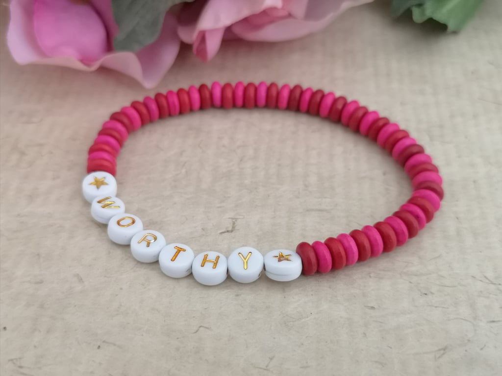"Worthy" affirmation bracelet with pink and red howlite beads 