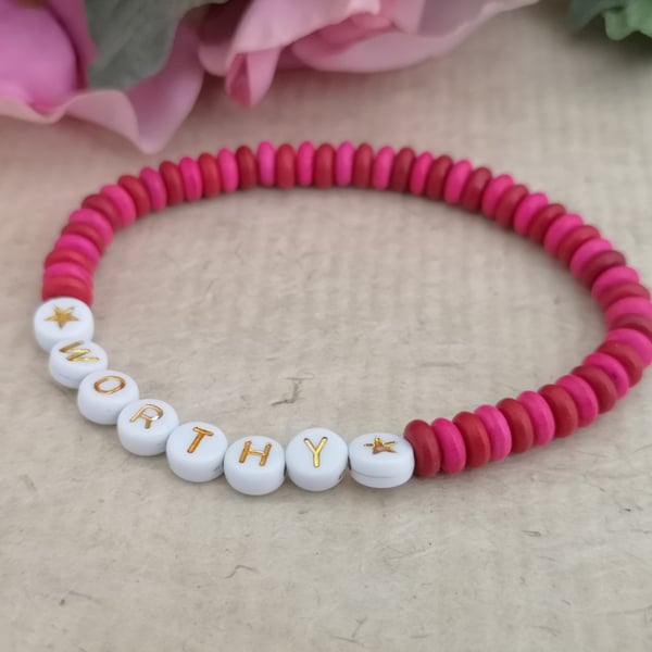 "Worthy" affirmation bracelet with pink and red howlite beads 