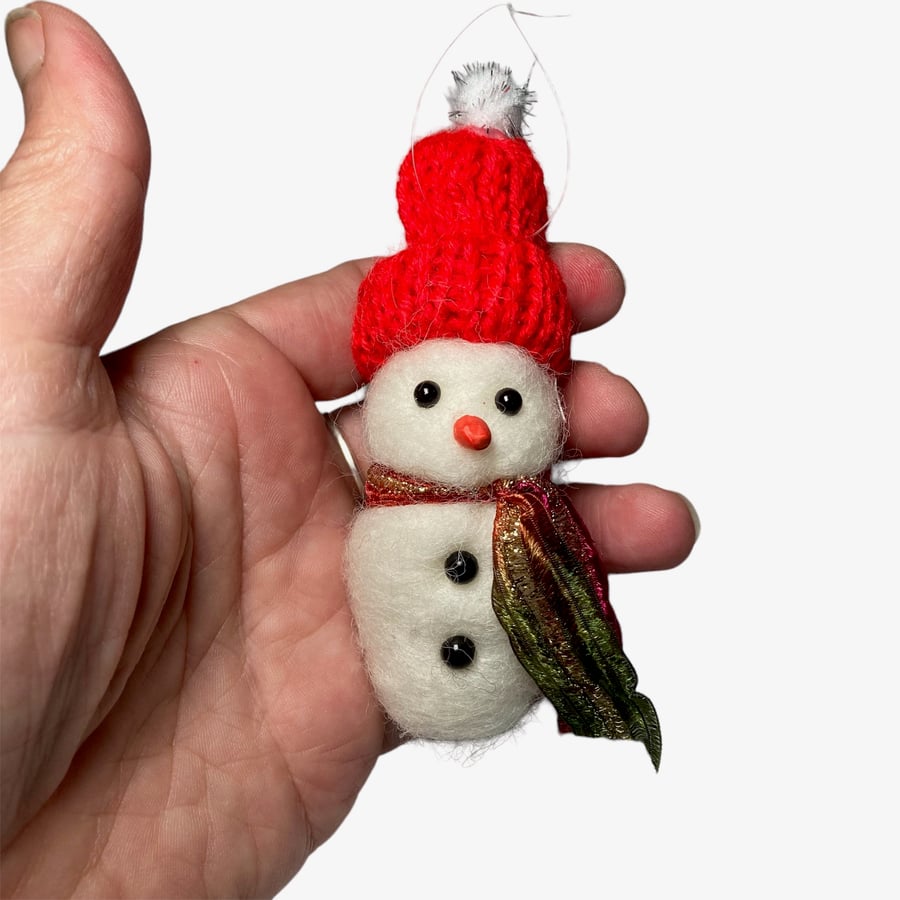 Mini Snowman with red hat, hanging tree decoration, needle felted