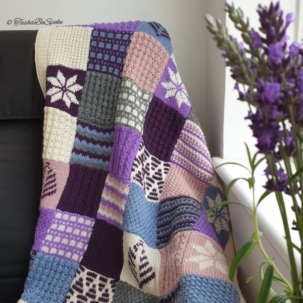 Hand knitted blanket, Woolen patchwork throw, Scandinavian style bed spread