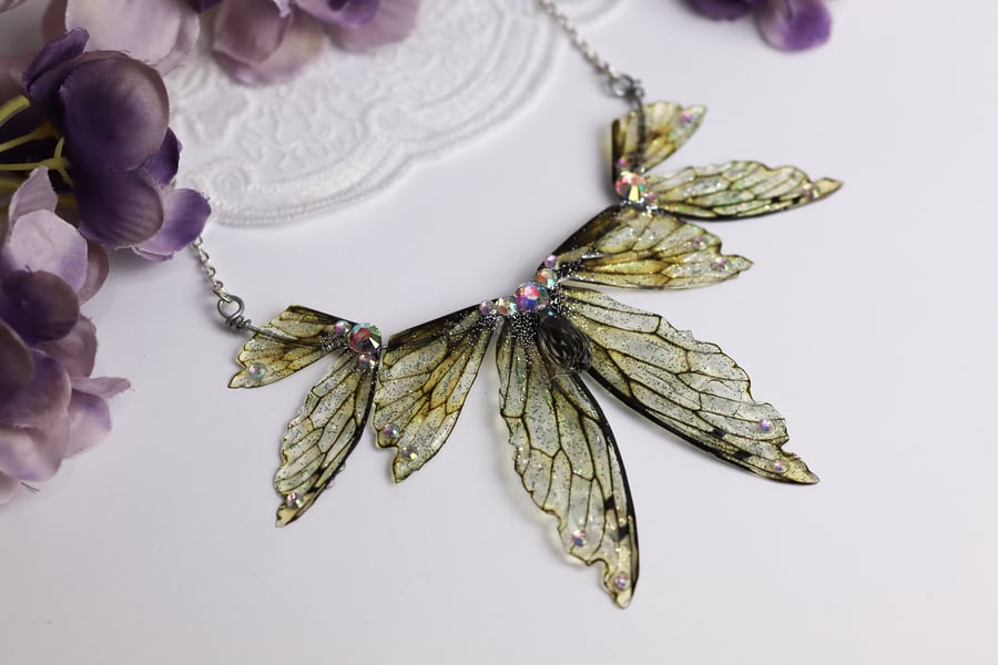 Fairy Wing Necklace - Butterfly Pendant - Tattered Collar - Fairycore - Gift 