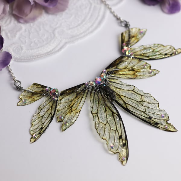 Fairy Wing Necklace - Butterfly Pendant - Tattered Collar - Fairycore - Gift 