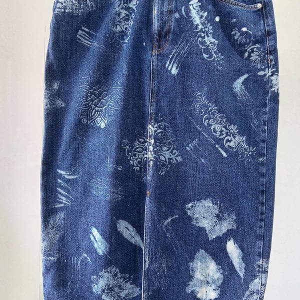 Dark Blue Denim Reverse Tie-dye Midi Skirt with Front split Size 18
